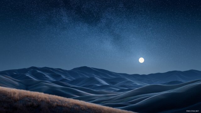 Starry Night Background HD For Desktop Computer, A Beautiful Vista Of A Starry Sky Over Undulating Hills Bathed In Moonlight