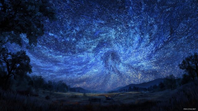 Starry Night Background HD For PC, A Mesmerizing View Of Swirling Stars Illuminating The Night Sky Over A Tranquil Landscape