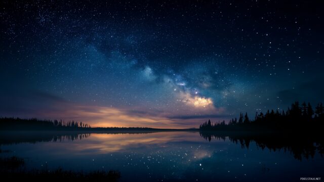 Starry Night HD Background For Mac, A Breathtaking View Of A Night Sky Sparkling With Stars Above A Calm Lake