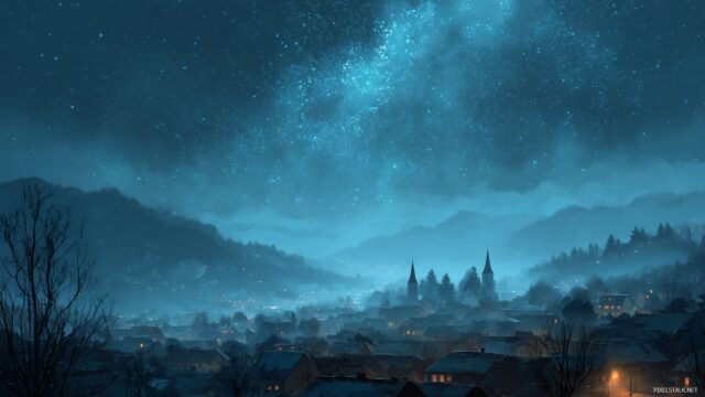 Starry Night HD Desktop Background, A Tranquil Depiction Of A Star Filled Sky Enveloping A Quiet Village Under The Moonlight