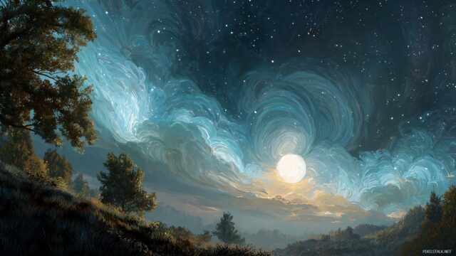 Starry Night Ultra HD Desktop Background, An Ethereal Display Of Stars Swirling Above A Bright Moon Illuminating A Lush Landscape