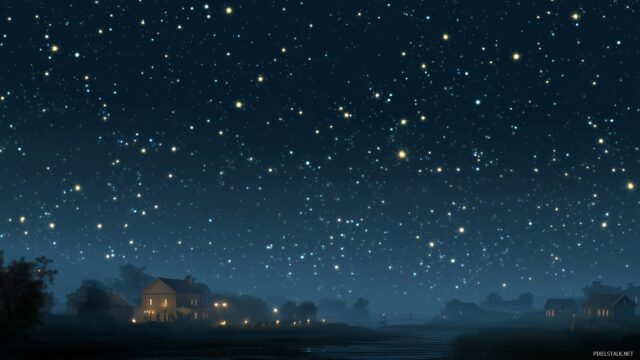 Starry Night High Resolution Background, A Captivating Arrangement Of Bright Stars Twinkling Above A Quiet Village Under A Dark Sky