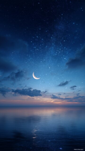 Stars High Quality Wallpaper, An Ethereal View Of Stars Glistening Above A Calm Ocean Under A Crescent Moon