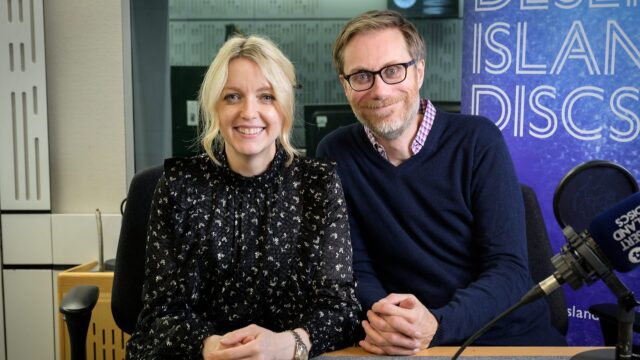 Stephen Merchant and Guest Smiling Inside Radio Studio for Stephen Merchant Wallpapers
