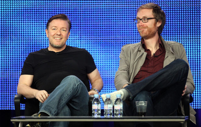 Stephen Merchant and Ricky Gervais Sitting on Stage in Casual Outfit Stephen Merchant Wallpapers