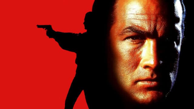 Steven Seagal intense close up with silhouette holding gun red background wallpaper