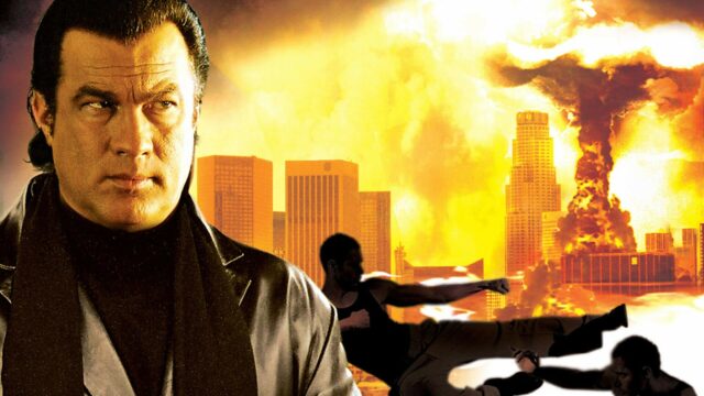 Steven Seagal intense urban action scene with explosion background wallpaper