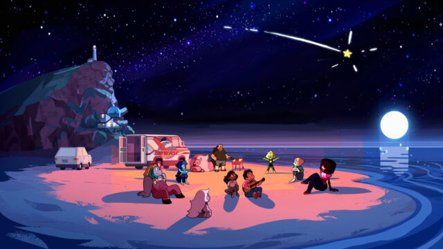 Steven Universe TV Series Characters Relaxing on Beach Under Starry Night Wallpaper