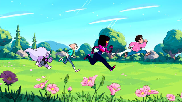 Steven Universe TV Series Characters Running Through Vibrant Meadow Wallpaper