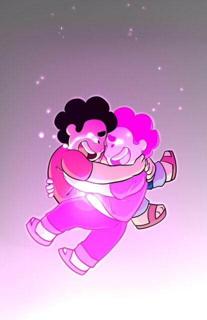 Steven Universe TV Series Wallpaper Emotional Hug Between Two Stevens in Glowing Pink Light