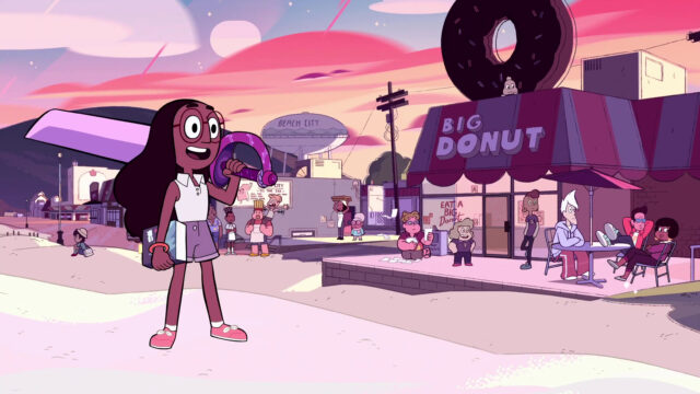 Steven Universe TV Series Wallpaper Featuring Connie and Beach City Big Donut Scene