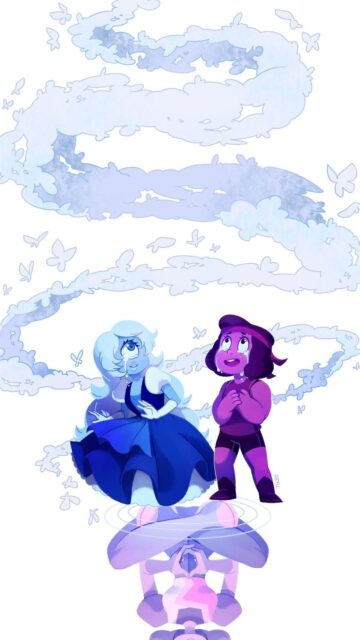 Steven Universe TV Series Wallpaper Featuring Emotional Sapphire and Ruby with Reflective Water and Butterflies
