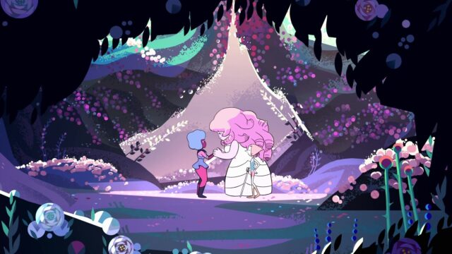 Steven Universe TV Series Wallpaper Featuring Rose Quartz Sapphire and Pearl in Magical Forest Scene