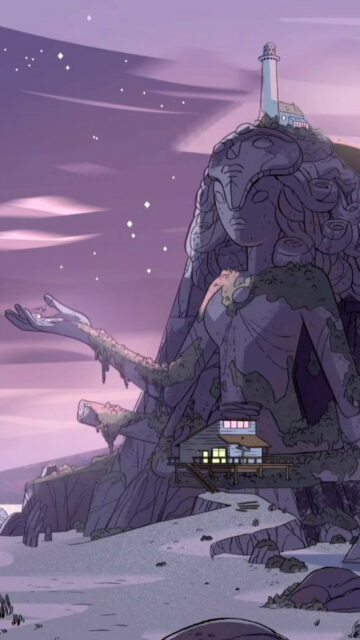 Steven Universe TV Series Wallpaper Featuring the Crystal Temple Lighthouse and Statue at Twilight