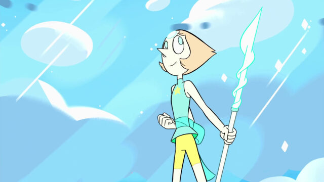 Steven Universe TV Series Wallpaper Pearl Holding Spear Against Blue Sky Background