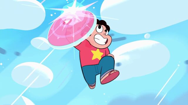 Steven Universe TV Series Wallpaper Steven Holding Pink Shield in Action Scene