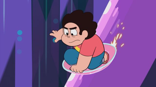 Steven Universe TV Series Wallpaper Steven Riding Hoverboard in Action Scene