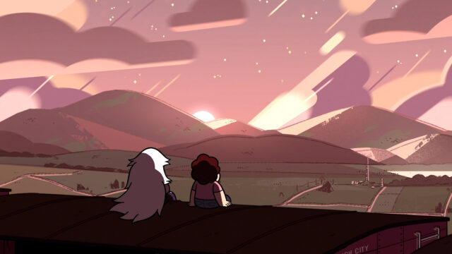 Steven and Amethyst Watching Sunset Over Mountains Steven Universe Tv Series Wallpapers