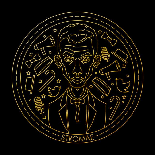 Stromae digital line art wallpaper with music and fashion elements in yellow on black background