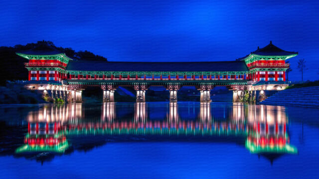 Stunning Night View of Traditional Korean Pavilion in South Korea Wallpaper