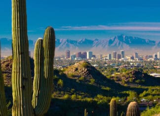 Stunning Phoenix Arizona Skyline With Desert View Wallpaper