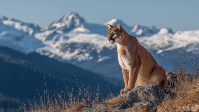 Stunning Cougar Wallpaper HD, A Captivating Scene Of A Cougar Perched High On A Ridge, With Distant Mountains And A Clear Blue Sky