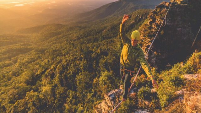 Sunset Slacklining Above Mountain Forest Scenic View Wallpapers