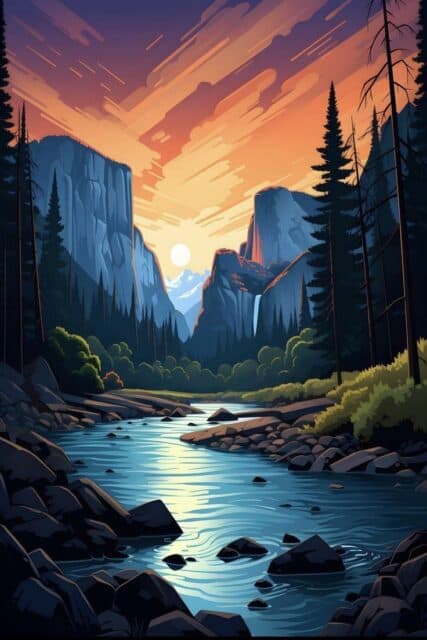 Sunset over mountain river in nature artwork wallpapers with vivid colors and serene landscape