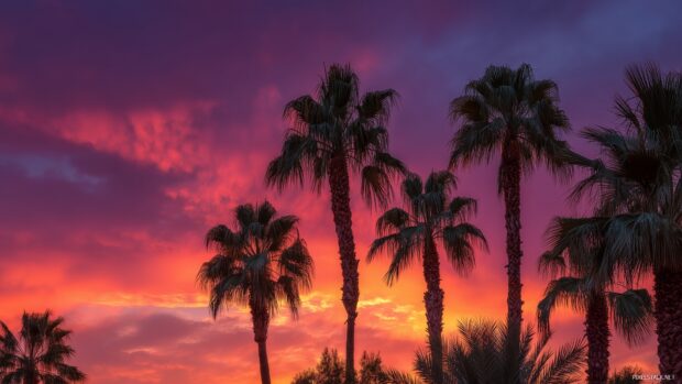 Sunset palm tree backgrounds, a dramatic view of palm trees against a colorful sunset with deep purples and fiery reds.