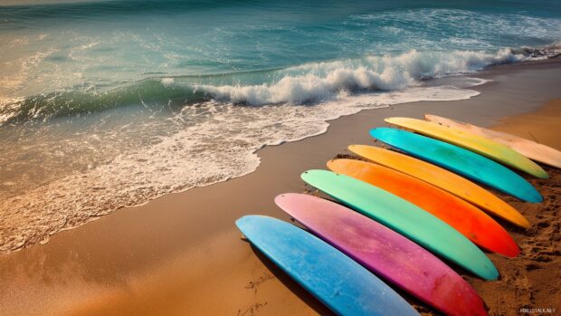 Surfing Wallpapers Free, colorful surfboards lined up on the sandy shore with gentle ocean waves lapping.
