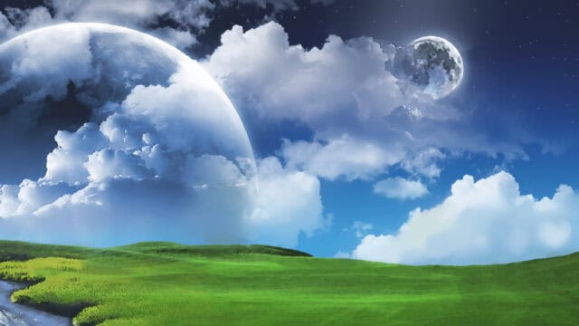 Surreal Nature Artwork Wallpaper with Green Fields and Giant Moons in Blue Sky