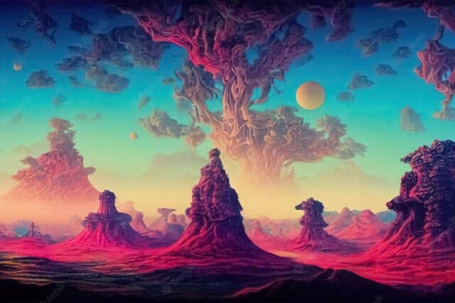 Surreal Nature Artwork Wallpaper with Mystical Pink Trees and Floating Planets