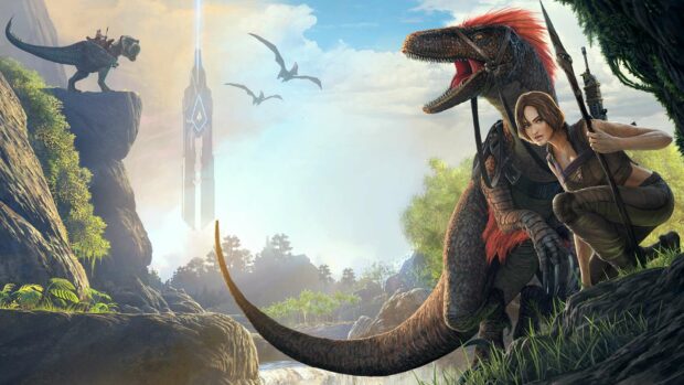 A survivor crouches beside a dinosaur in a lush environment in Ark Survival Evolved, HD Desktop Wallpaper