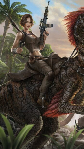 A survivor from Ark Survival Evolved rides a dinosaur while holding a rifle in a lush jungle setting, HD Mobile Wallpaper