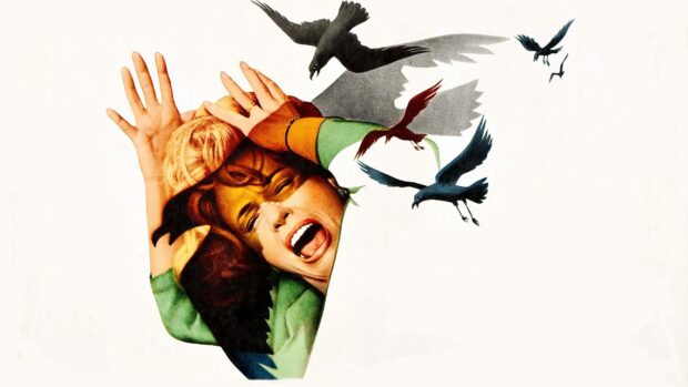A terrified woman is surrounded by black birds swooping around her, Alfred Hitchcock wallpapers, HD Desktop Wallpaper