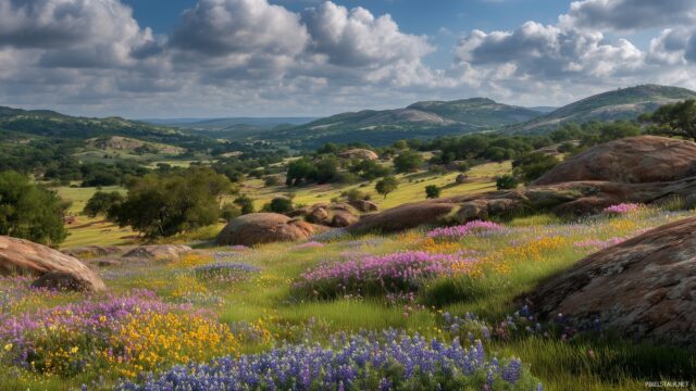 Texas Background HD, A Breathtaking Landscape Of Texas Hill Country With Rolling Hills And Vibrant Wildflowers In The Foreground