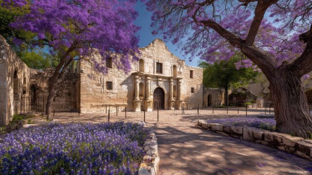 Texas Background HD For Mac, The Historic Alamo Surrounded By Blooming Jacarandas In A Picturesque San Antonio Setting