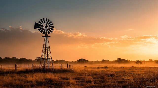 Texas Background HD For PC, A Peaceful Scene Of A Texas Windmill In A Field At Sunset, Symbolizing The Rural Charm Of The State