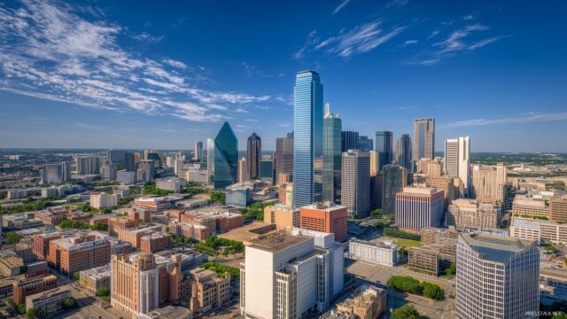 Texas Background For Mac, An Aerial View Of The Vibrant Cityscape Of Dallas With Its Unique Modern Architecture Against A Clear Blue Sky