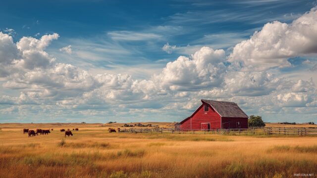 Texas HD Background Free Download, A Serene Scene Of Texas Ranch Land Featuring A Classic Red Barn And Grazing Cattle Under A Vast Sky