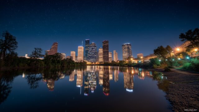 Texas HD Background For PC, An Inspiring Night View Of Houston Skyline Illuminated By City Lights Under A Starry Sky