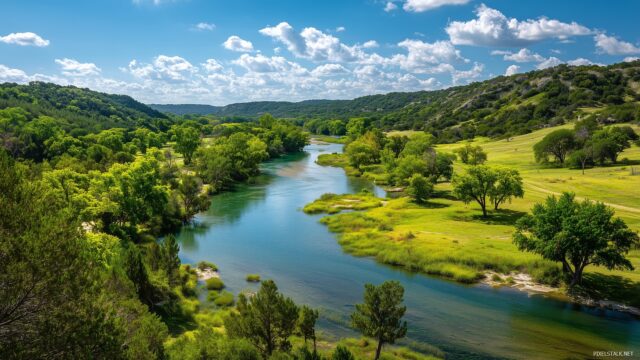 Texas High Resolution Desktop Background, A Picturesque River Winding Through The Texas Hill Country With Lush Greenery On Either Side