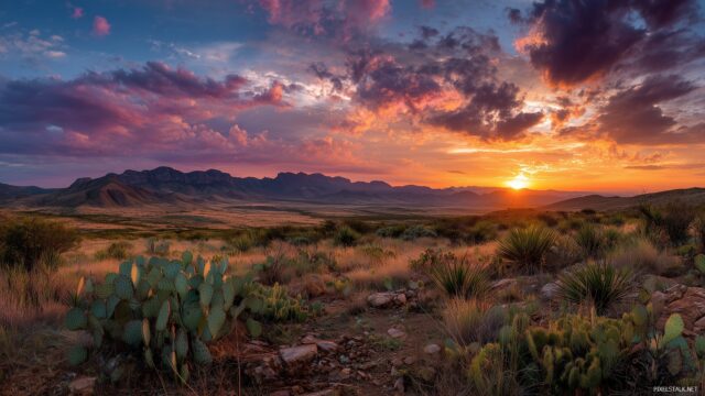 Texas Wide Screen Desktop Background, A Panoramic View Of The Stunning Texas Sunset Over Vast Plains Dotted With Cacti And Distant Mountains