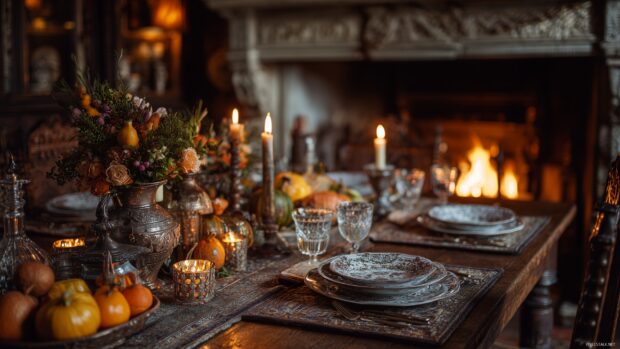 Thanksgiving November desktop wallpapers, a beautifully set table with seasonal decorations and a warm fireplace in the background in 4K.