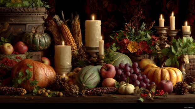 Thanksgiving desktop wallpaper, a beautifully arranged harvest display with autumn fruits and vegetables and warm candlelight in 3D.