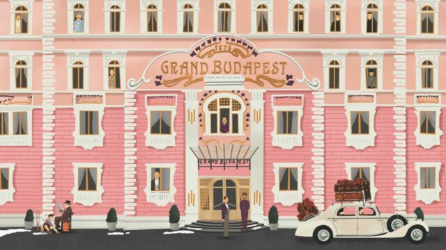 The Grand Budapest Hotel Animated Exterior Scene with Characters and Vintage Car Wallpaper