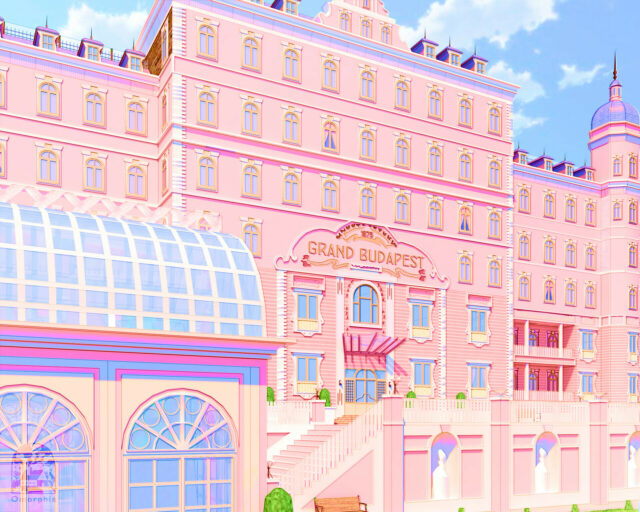 The Grand Budapest Hotel Bright Pink Exterior Wallpaper with Classic Architecture