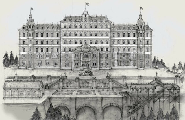 The Grand Budapest Hotel Detailed Architectural Sketch Wallpaper Vintage Style