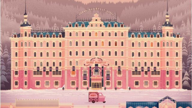 The Grand Budapest Hotel Illustration with Pink Facade and Snowy Landscape Wallpaper