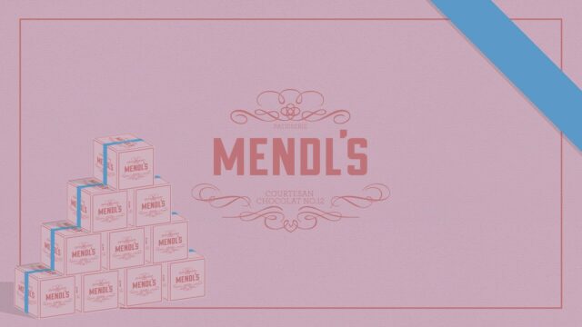 The Grand Budapest Hotel Mendl's Pink Packaging Wallpaper with Blue Ribbon Design